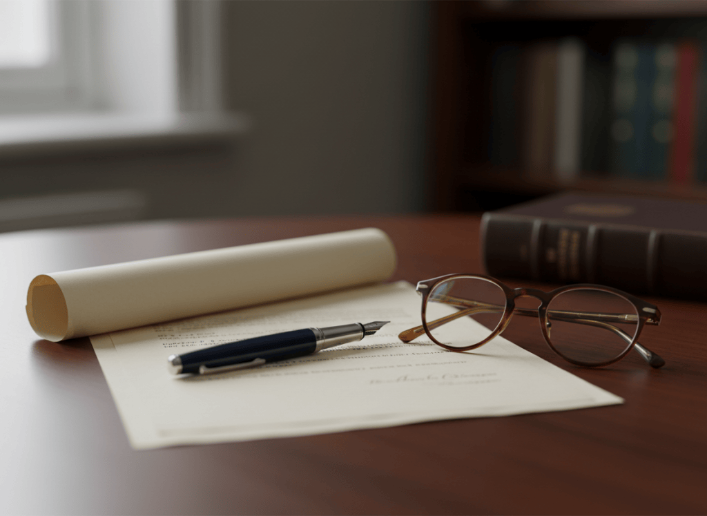 A calm, elegant still-life photograph in muted navy, slate and warm cream tones: a classic fountain pen resting on a folded document beside a pair of reading glasses on a smooth wooden desk, soft natural window light, generous negative space, shallow depth of field. Refined, traditional British professional-services mood, understated and trustworthy. No text.