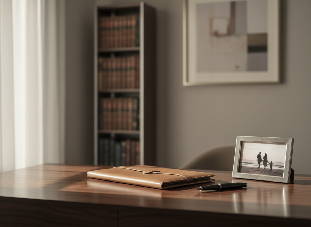 Soft daylight falling across a refined wooden desk with a closed leather portfolio, a fountain pen, and a framed family photograph