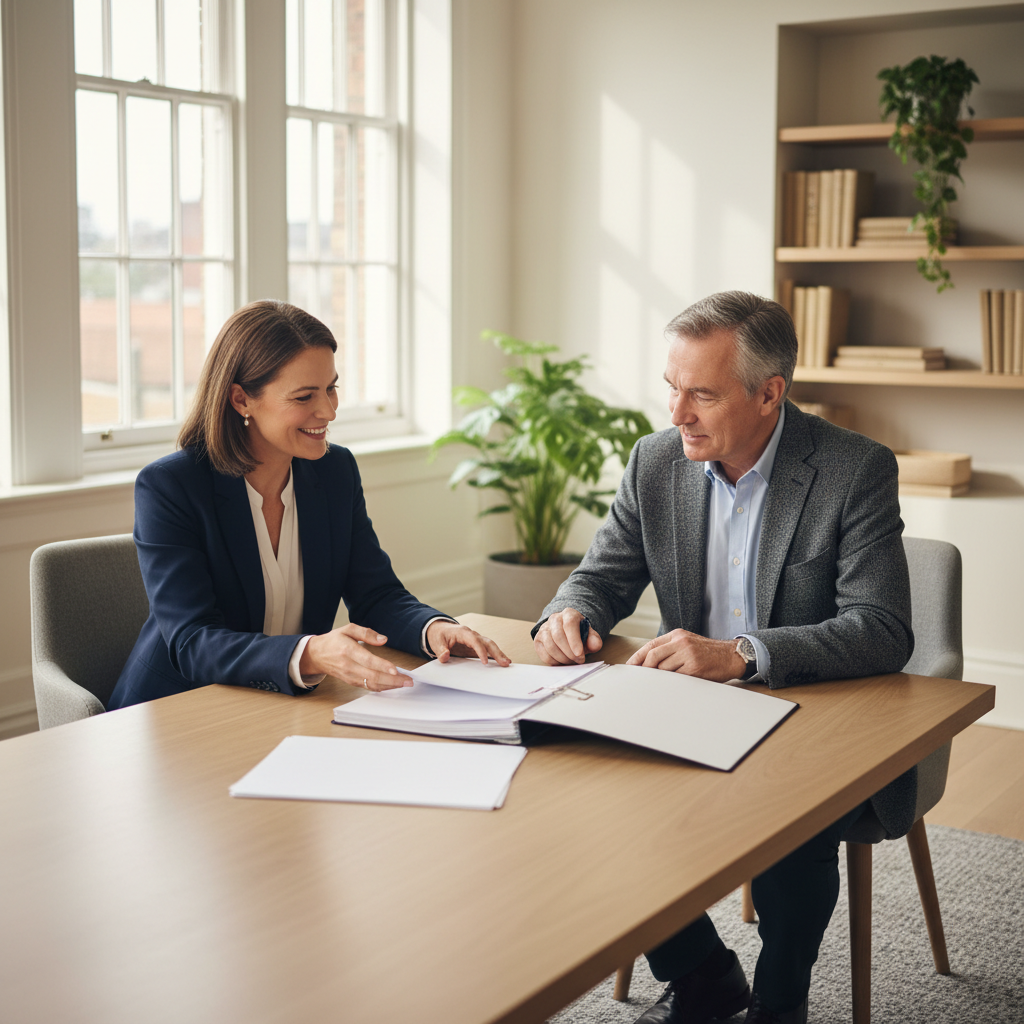 A realistic, warm editorial photograph of a friendly estate planning consultation in a bright, modern UK office. A professional adviser and an adult client sit across a table reviewing papers together, natural expressions, understated business clothing, soft daylight, authentic documentary style, no visible logos, no readable text, suitable for an estate planning article.