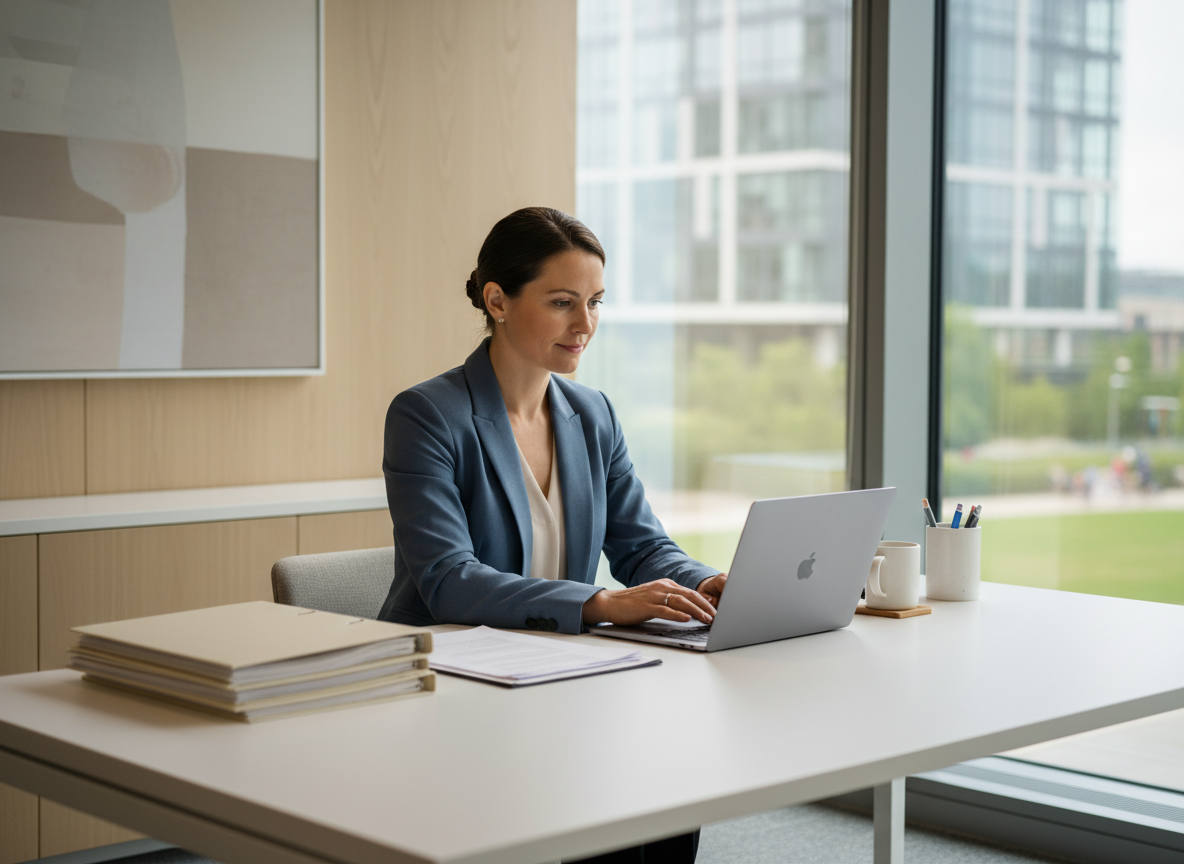 A professional working at an organised desk with folders and a laptop in a modern UK office, soft daylight.