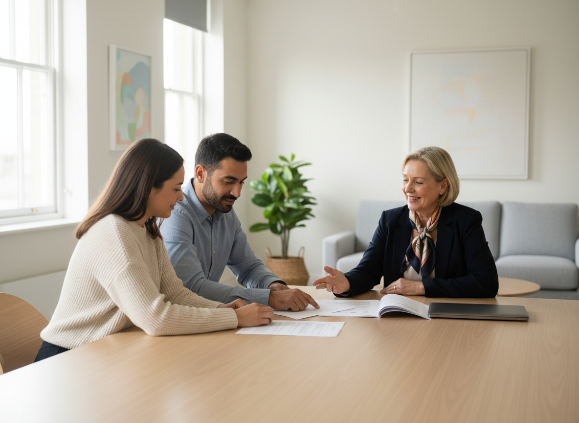 Adults reviewing Wills, Trusts and LPA documents with an adviser in a modern UK office, soft daylight.