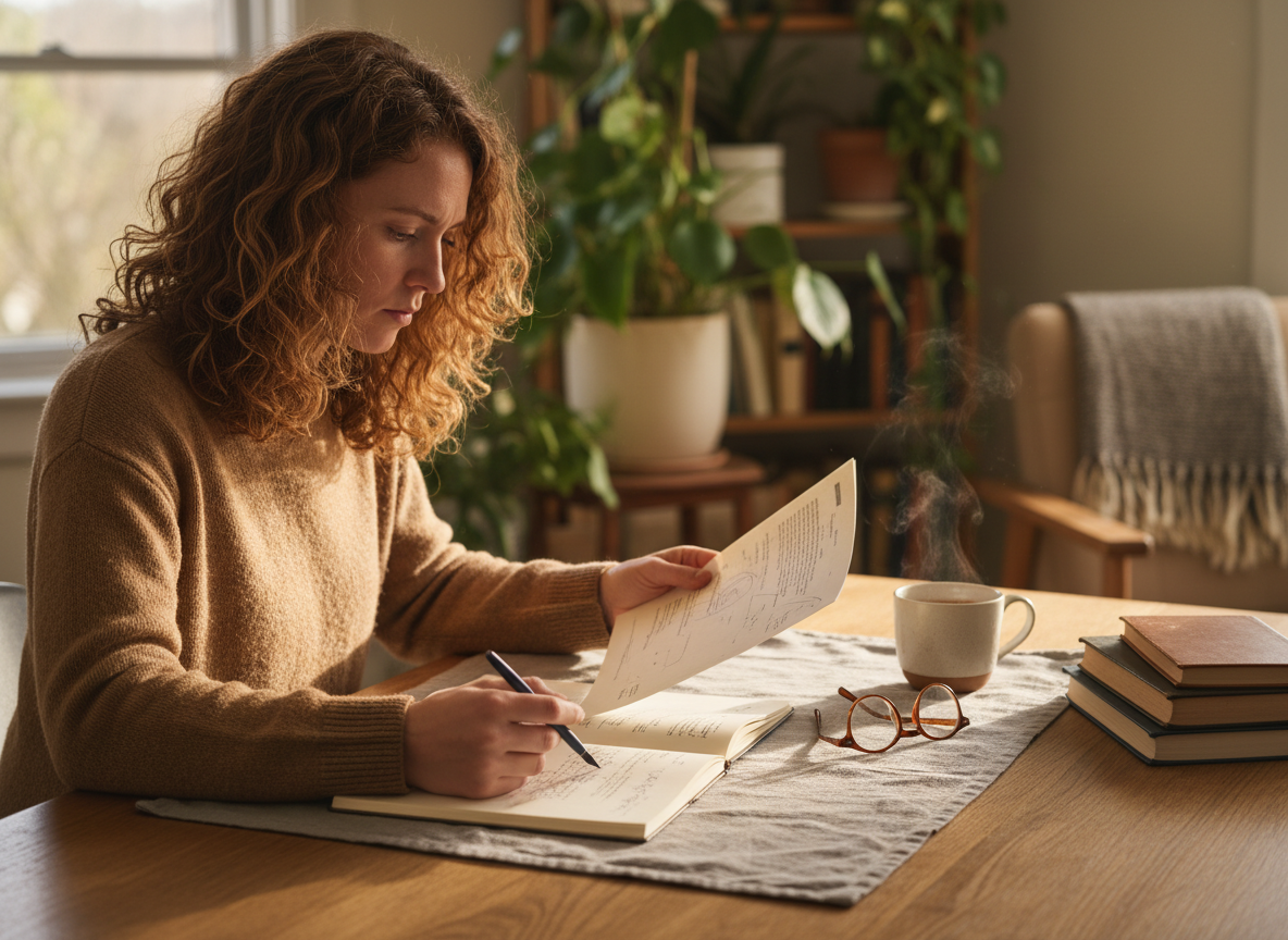 An adult reviewing and updating estate planning documents at a bright home desk, making notes.