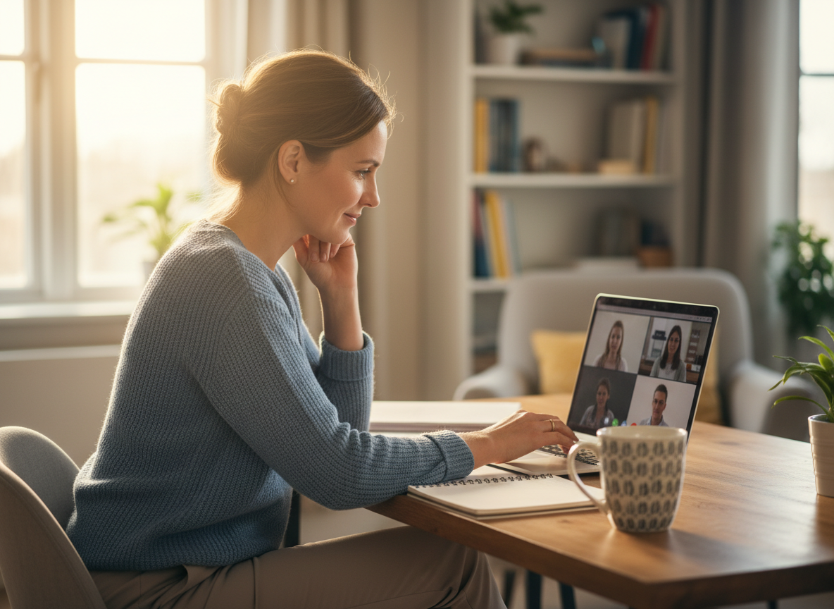 An adult having a professional video call at home for a remote estate planning appointment, natural light.