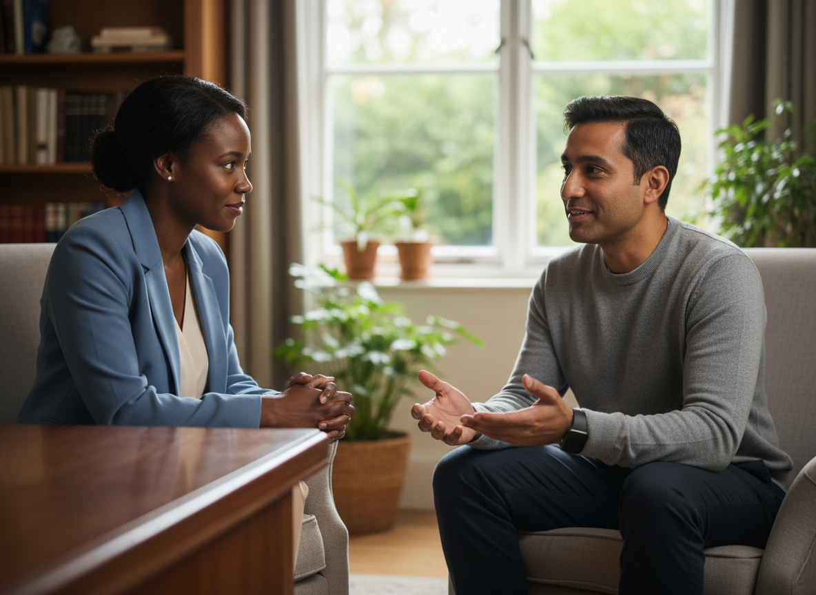 Two adults in a quiet UK office, one listening attentively to the other in a supportive, empathetic conversation.