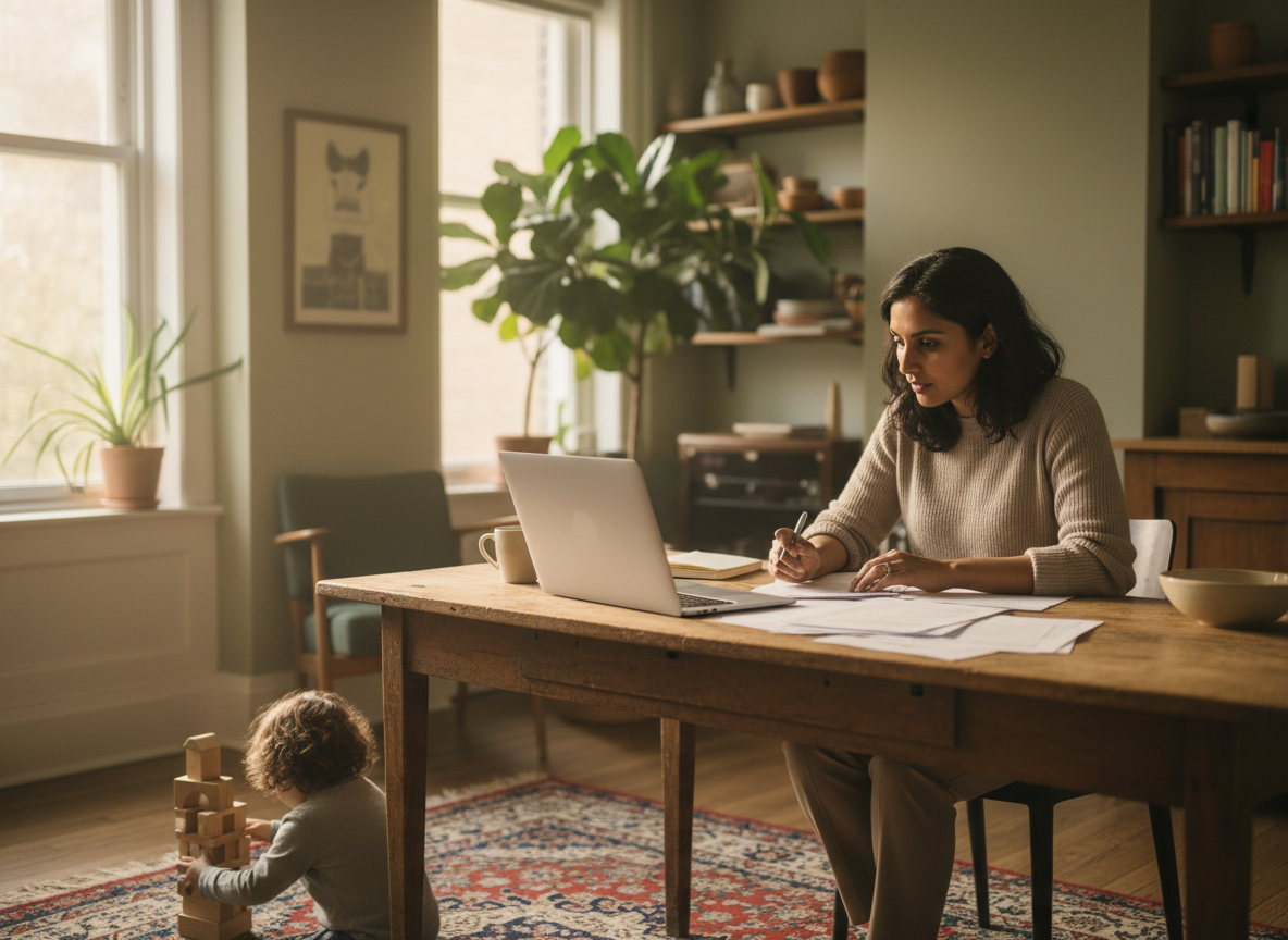 A professional reviewing estate planning documents at home while a child plays nearby, natural light, UK home setting.