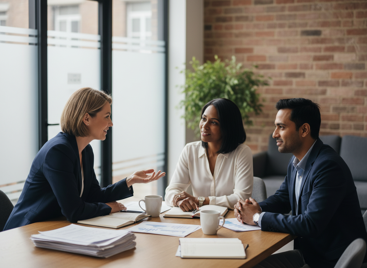 A professional adviser engaging warmly with a couple during an estate planning meeting in a modern UK office.