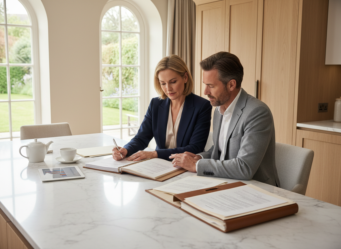A realistic, sophisticated editorial photograph of an adult couple reviewing important estate planning documents together at a bright, tidy kitchen table in a modern English home. Natural daylight, calm reassuring mood, subtle professional lifestyle photography, no readable text or logos.