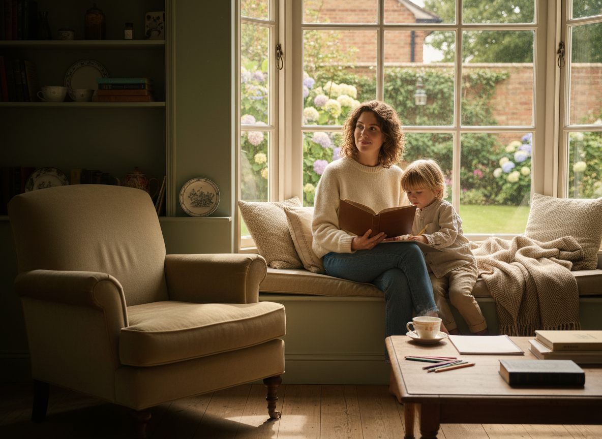 A realistic, sophisticated editorial photograph of a thoughtful parent and child spending time together at home in England, warm natural light, authentic family moment, calm reassuring mood, tasteful lifestyle photography, no readable text or logos.