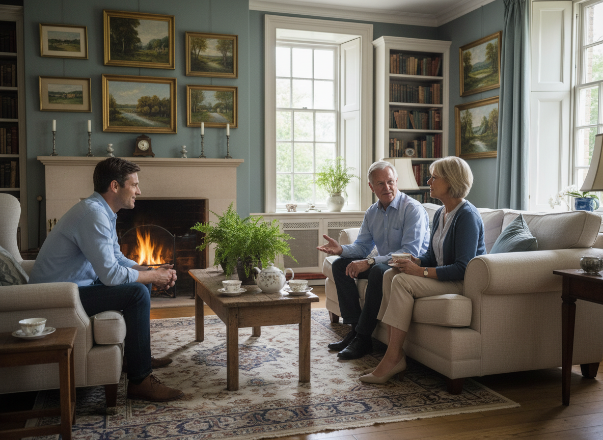 A realistic, sophisticated editorial photograph of a calm family conversation in a welcoming living room in England, adult family members listening and talking together with warmth and reassurance, natural soft daylight, tasteful lifestyle photography, no readable text or logos.