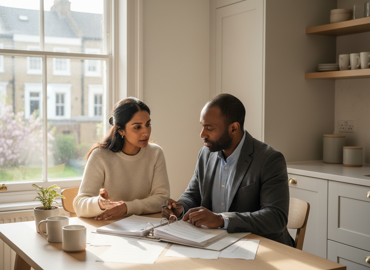 A South Asian woman and a Black man reviewing estate planning documents together at a bright kitchen table in a modern English home, natural daylight, calm and professional atmosphere.