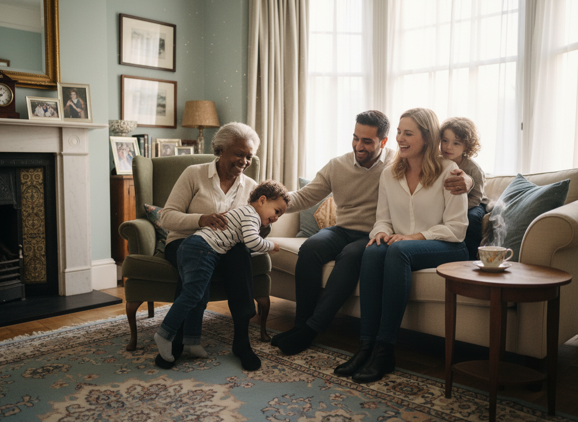 A multigenerational mixed-heritage family — a grandmother, adult couple, and two young children — sharing a warm, candid moment together in a welcoming living room, soft natural light, calm and reassuring atmosphere.