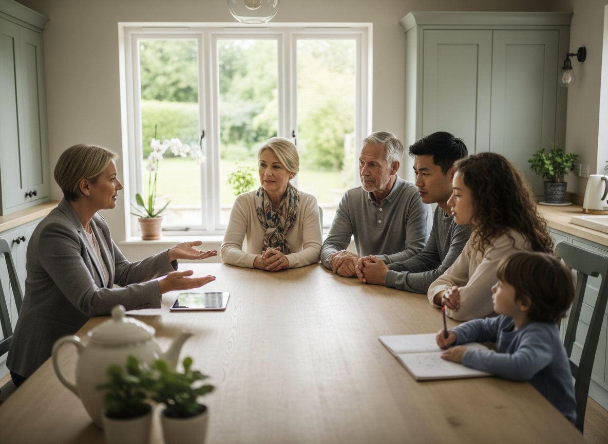 A realistic, professionally lit editorial photograph for a UK estate-planning blog: a diverse multigenerational family in England or Wales having a calm, thoughtful conversation about future planning with a professional adviser at a bright kitchen table. Natural expressions, understated smart-casual clothing, realistic British home setting, inclusive and respectful, no visible logos, no readable documents or fake text, warm neutral palette, authentic documentary photography.