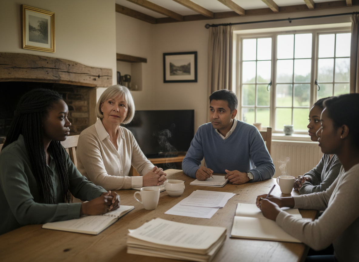 A diverse family discussing lasting powers of attorney and future planning around a table.