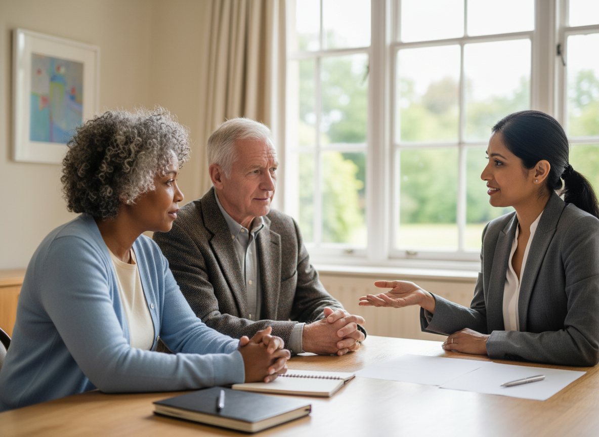 An older couple discussing future planning with a trusted adviser in a calm office.