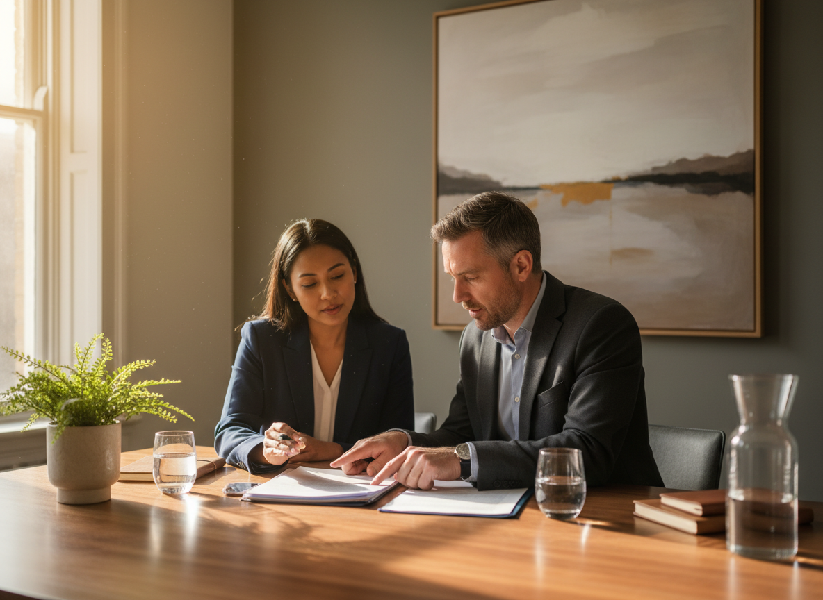 A realistic, professional documentary-style photograph in England showing a diverse adult client meeting an estate-planning consultant at a bright office table, reviewing papers together, warm natural light, understated sophisticated setting, no visible logos, no readable text, suitable for a professional UK estate-planning blog.