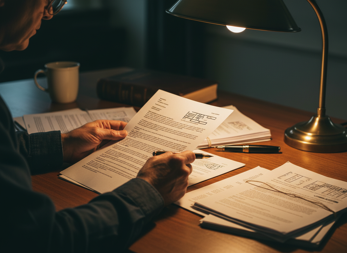 Close-up of a person carefully reviewing important legal and estate planning documents at a desk