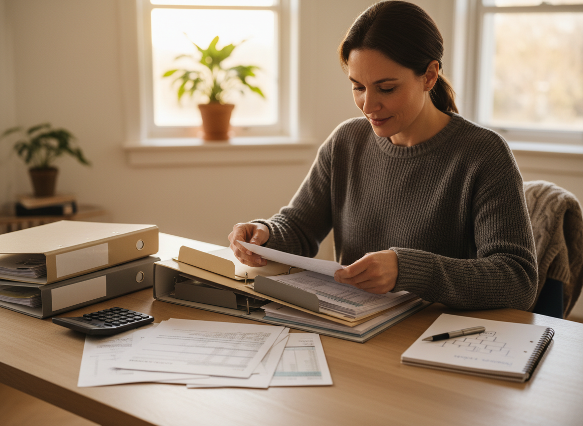 A person at a home desk carefully organising financial documents and family paperwork for estate planning
