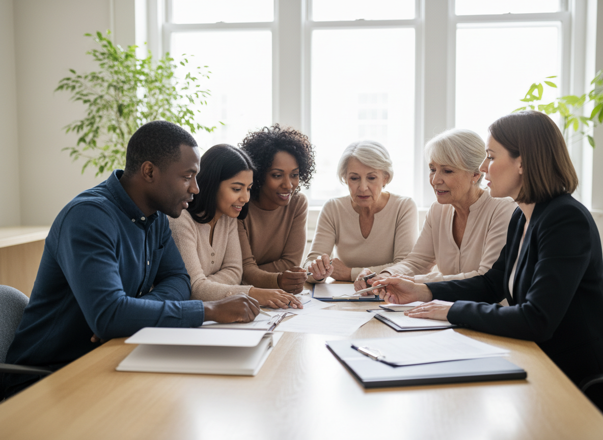 A realistic, professional photograph of a diverse British family meeting an estate-planning consultant in a bright modern office, reviewing paperwork together, natural expressions, documentary photography style, no visible logos or readable text
