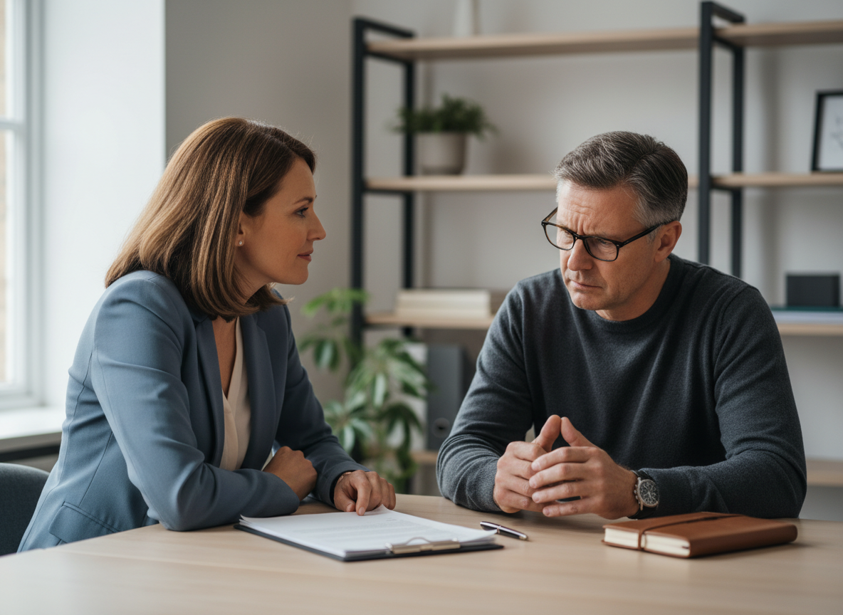 A highly realistic, natural-looking professional consultation scene for a UK estate planning and legal services complaints procedure page: a friendly, empathetic adviser listening attentively to a concerned adult client across a desk in a bright modern office, subtle paperwork and notebook, authentic candid expressions, soft natural window light, understated sophisticated neutral palette, documentary photography style, no visible logos, no readable text, no exaggerated smiles, no staged stock-photo look.